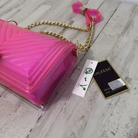 Hot Pink Jelly Purse Chain Strap Barbiecore Party Y2K Fun Boutique Bag NEW - Picture 2 of 9
